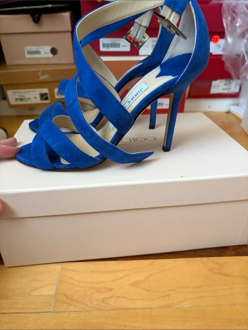 JIMMY CHOO BLUE SUEDE SIZE 36.5 STRAPPY SANDALS MADE IN ITALY - Picture 4 of 10